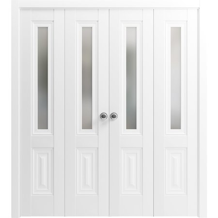 SARTODOORS Sliding French Pocket Door 28 x 80in, Nordic White W/ Frosted Glass, Kit Trims Rail Hardware SETE6933PD-NOR-28
